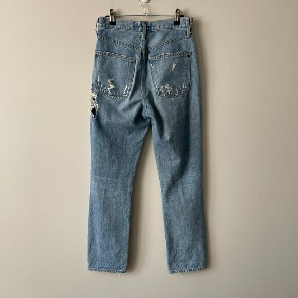 Agolde '90s Distressed Button-Fly High Rise Denim Straight Leg Jeans Blue 23 - Picture 3 of 10